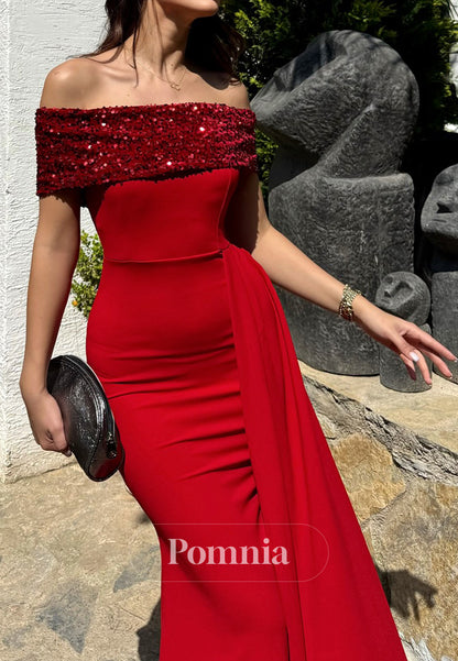 Sheath Off-Shoulder Sleeveless Sequins Ruched Evening Dress