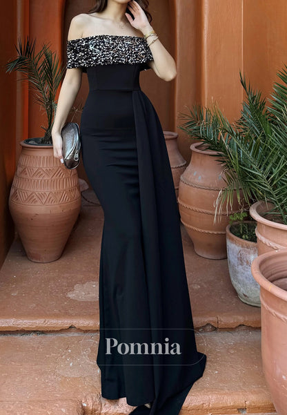 Sheath Off-Shoulder Sleeveless Sequins Ruched Evening Dress