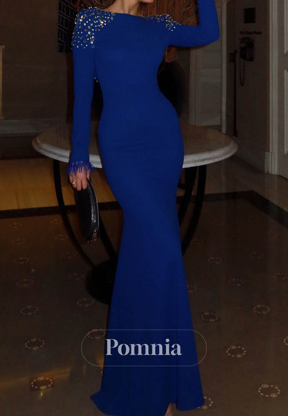 Royal Blue Long Sleeves Scoop Sequins Shaeth Evening Dress