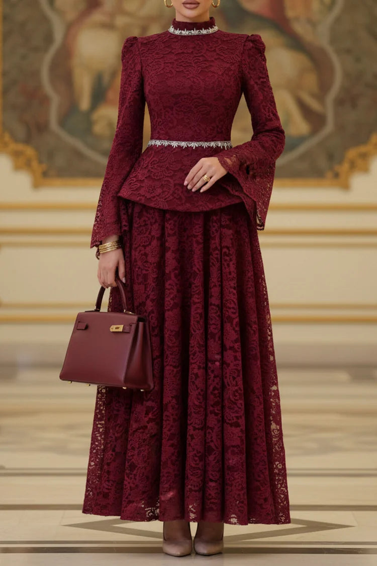 Rhinestone Embroidery Mock Neck Top Maxi Dress