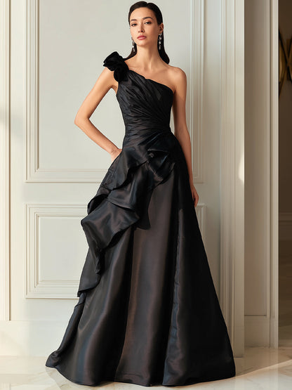 Black One-Shoulder Sculpted Ruffle Gown