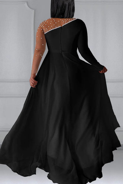 White Round Neck Long Sleeve Split Pearls Maxi Dresses