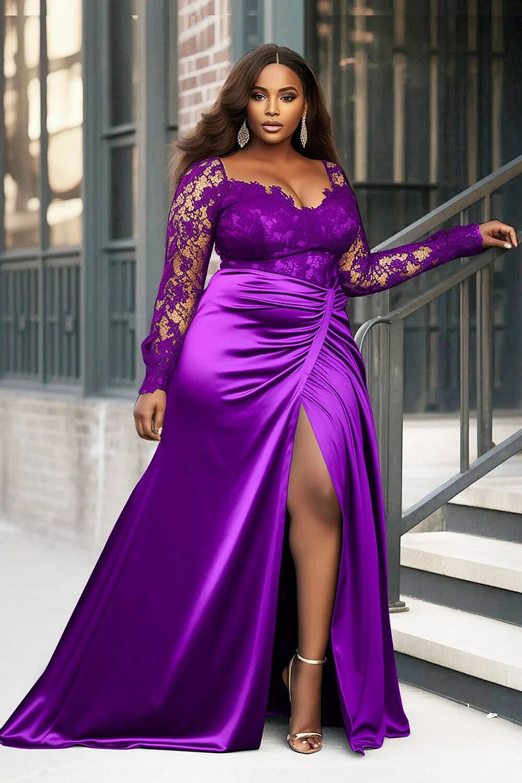 Formal Emerald Green Square Neck Long Sleeve Split See Through Lace Satin Maxi Dress