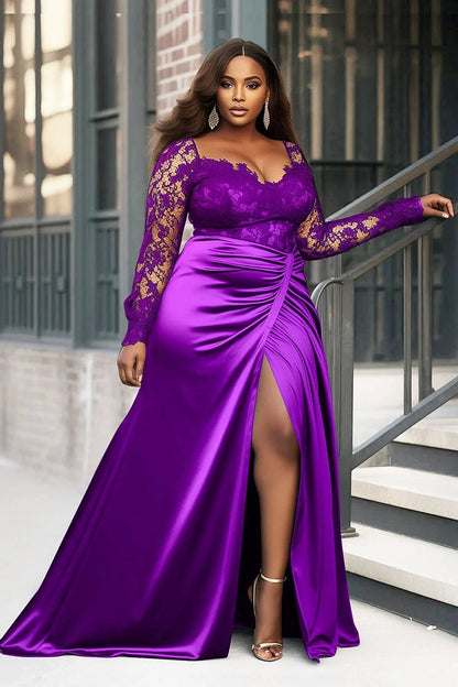 Formal Emerald Green Square Neck Long Sleeve Split See Through Lace Satin Maxi Dress