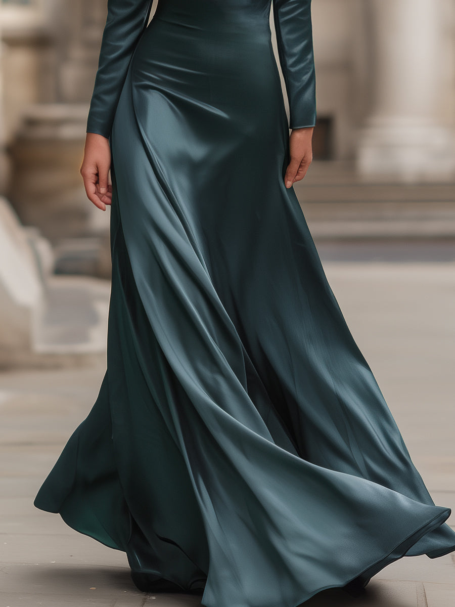 Cowl Neckline Satin Long Sleeve Evening Gown