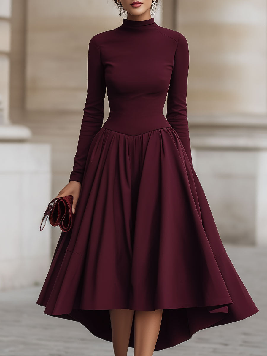 Burgundy High-Neck Long-Sleeve High-Low Midi Dress