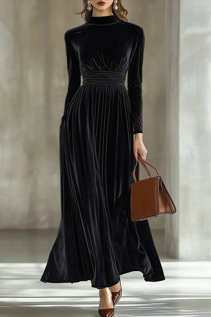 Plain Mock Neck Cinch Waist Long Sleeve Velvet Maxi Dresses