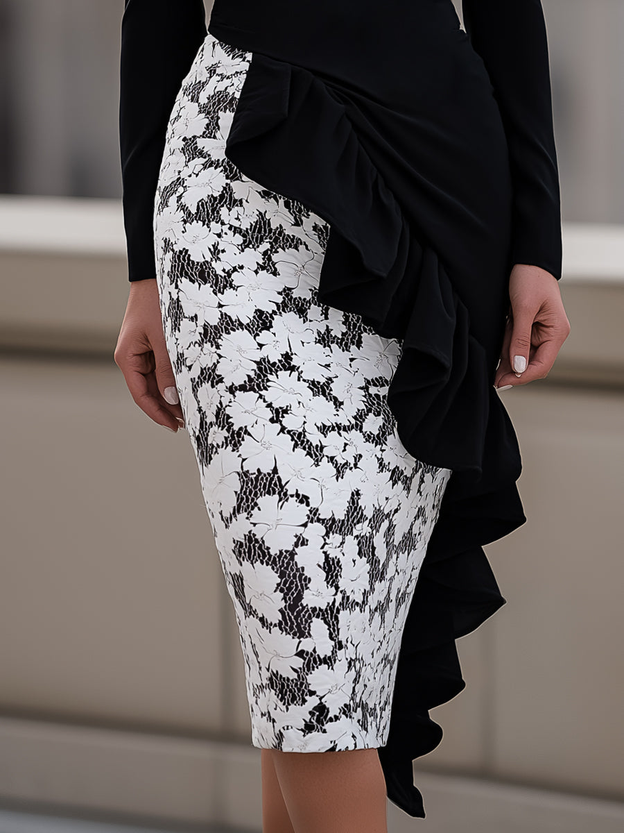 Lace Contrast Ruffle Midi Dress