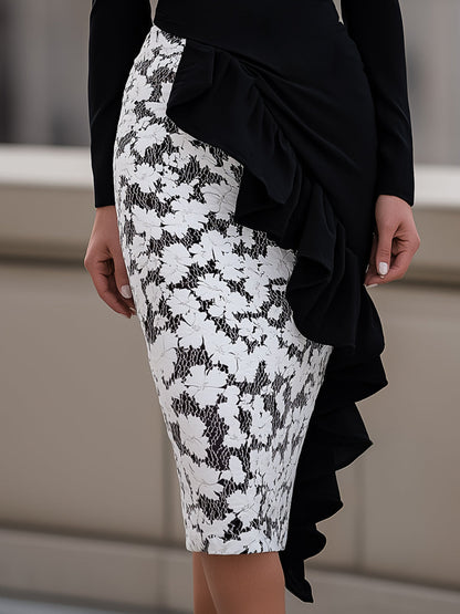 Lace Contrast Ruffle Midi Dress