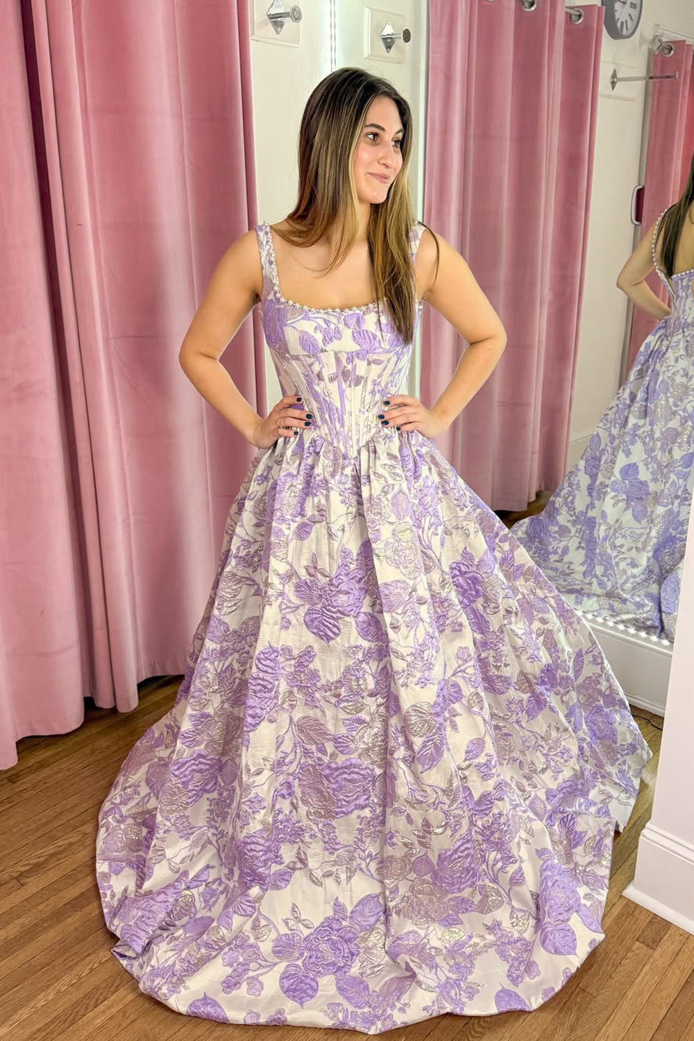 Gorgeous A Line Square Neck Lavender Satin Long Prom Dress