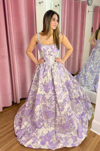 Gorgeous A Line Square Neck Lavender Satin Long Prom Dress