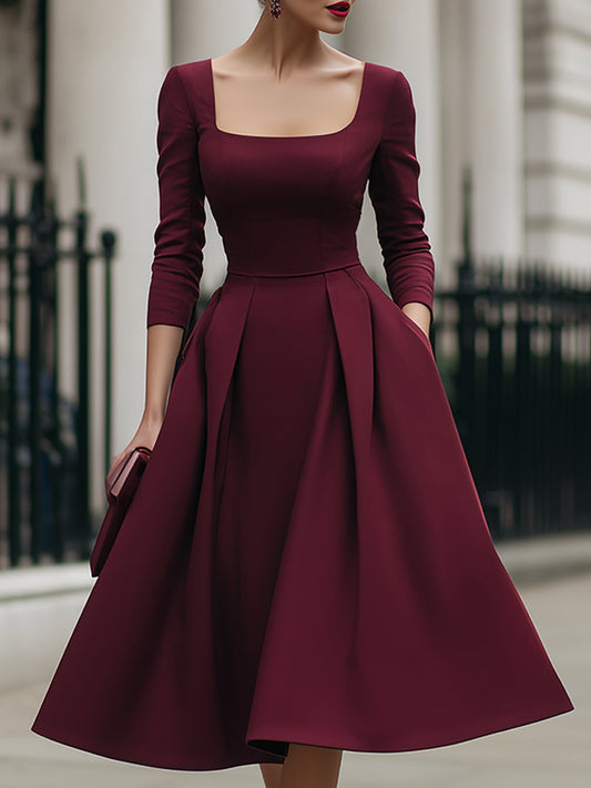 Elegant Square-Neck Plain A-Line Midi Dress