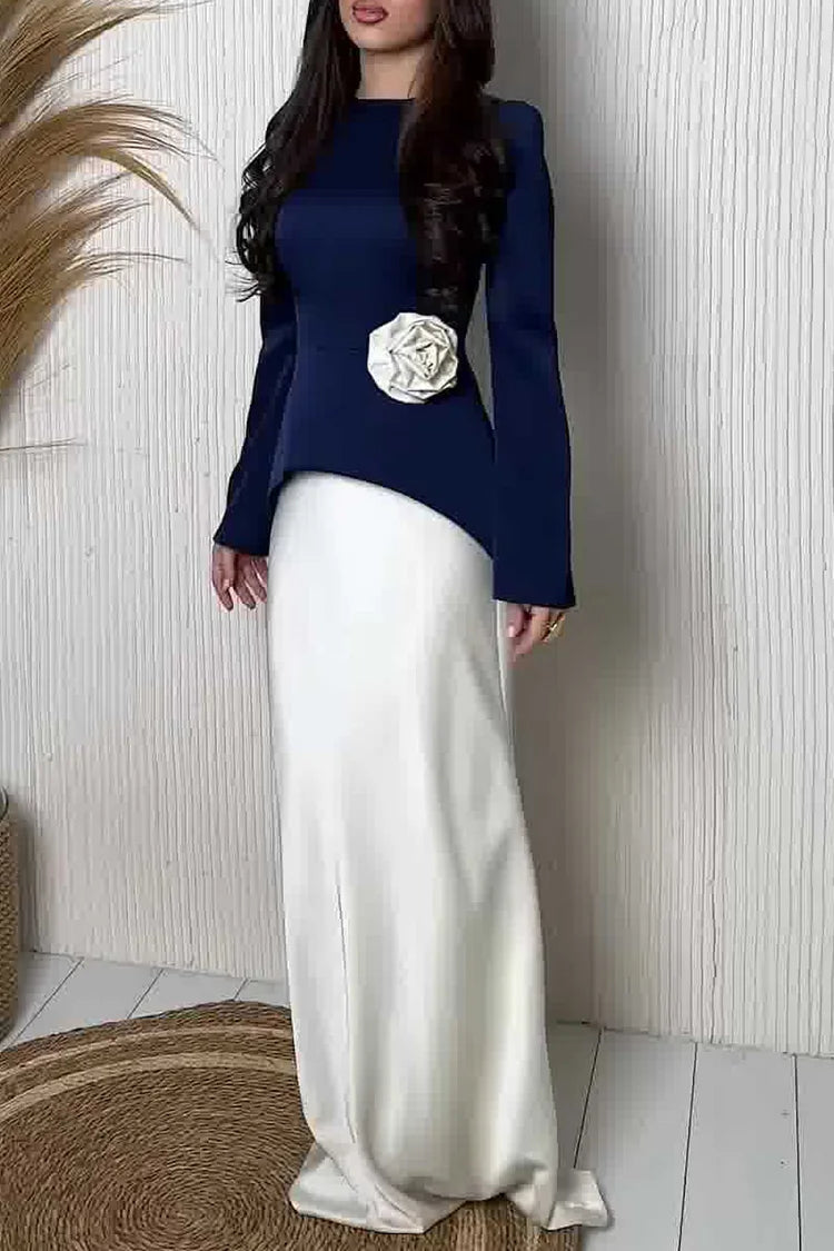 Colorblock Floral Rosette Asymmetric Hem Top Maxi Dress