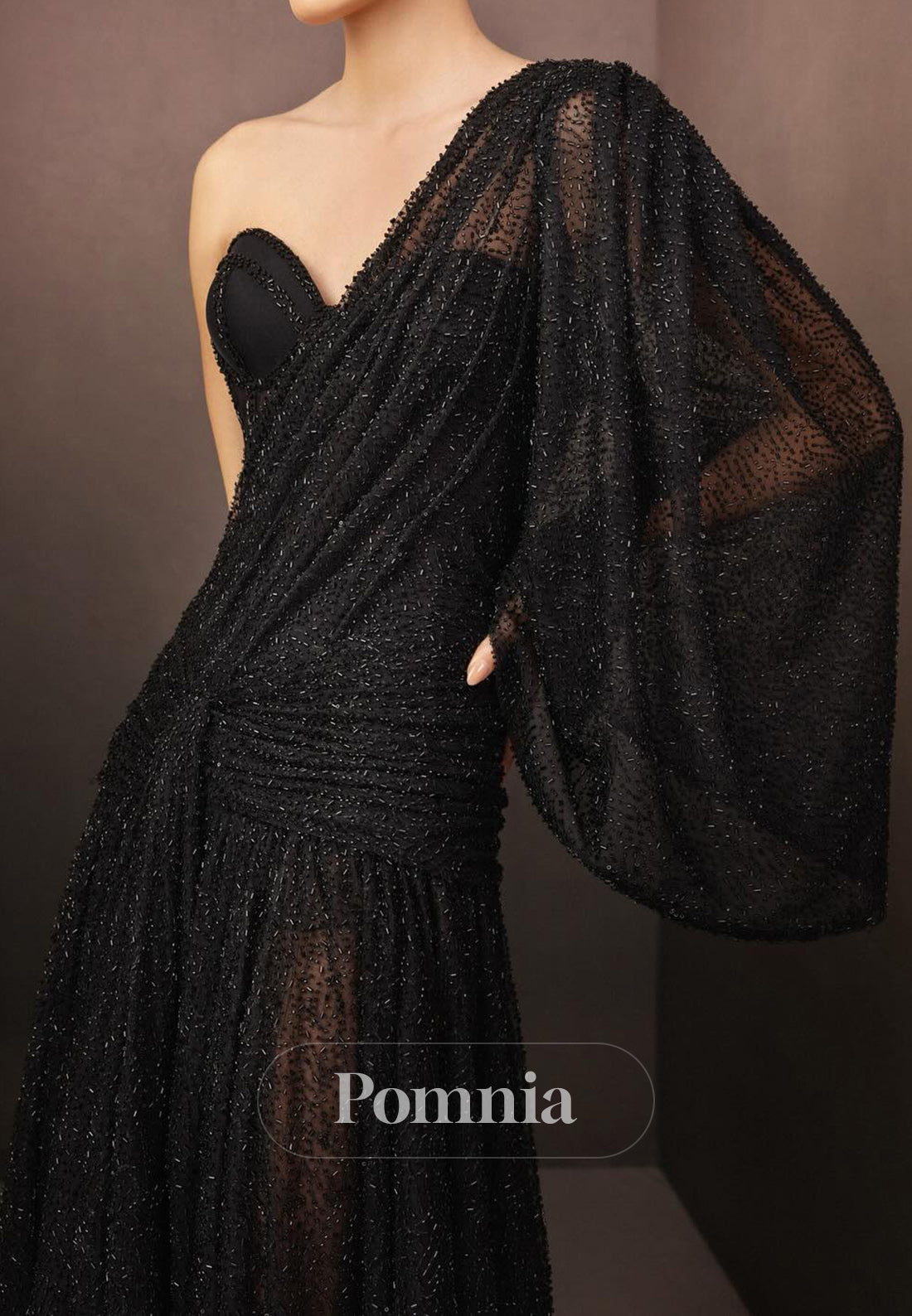 Black Long Sleeves One Shoulder Ruched Evening Dress