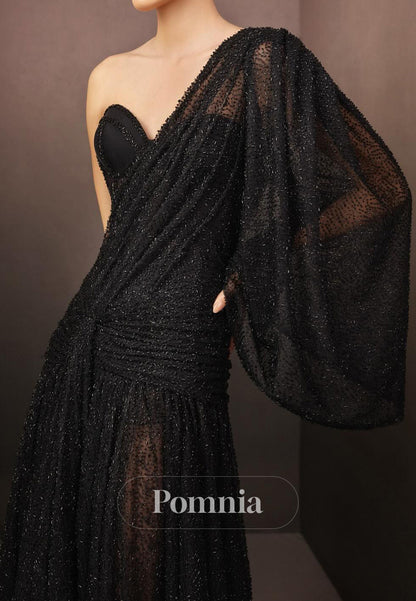 Black Long Sleeves One Shoulder Ruched Evening Dress