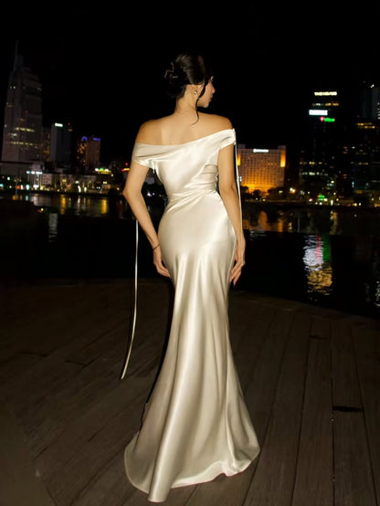 Ivory Satin Strapless Sleeveless Long Mermaid Prom Dress With Belts And Pleated
