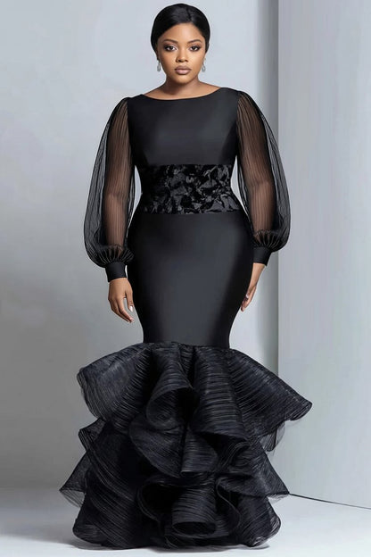Formal Organza Black Round Neck Lantern Sleeve Long Sleeve Mermaid Elegant Maxi Dress