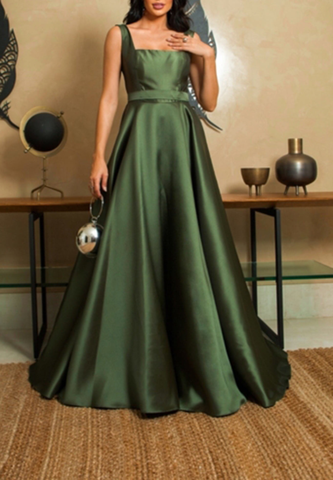 A-Line Square Spaghetti Straps Empire-Waist Sweep Train Long Mother of Bride Dress Formal Evening Gown