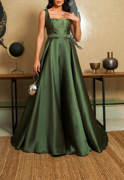 A-Line Square Spaghetti Straps Empire-Waist Sweep Train Long Mother of Bride Dress Formal Evening Gown