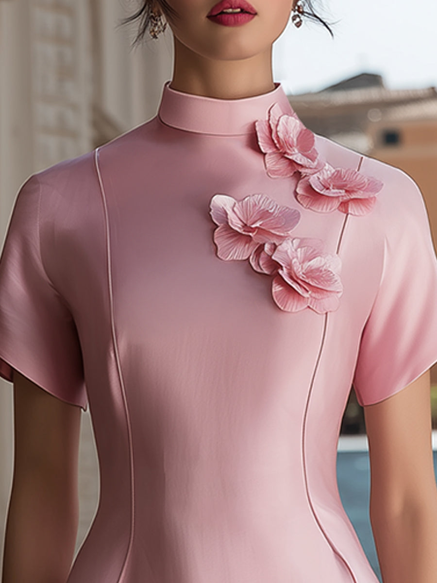 Elegant Floral-Embellished High-Neck Sheath Dress