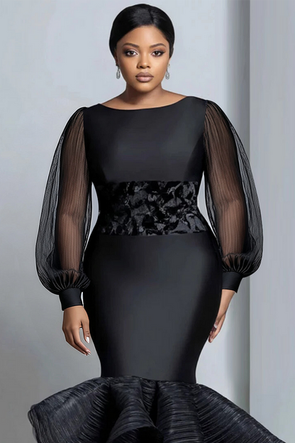 Formal Organza Black Round Neck Lantern Sleeve Long Sleeve Mermaid Elegant Maxi Dress