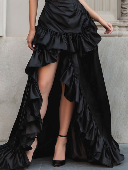 Off-Shoulder High-Low Satin Gown With Dramatic Ruffled Hem