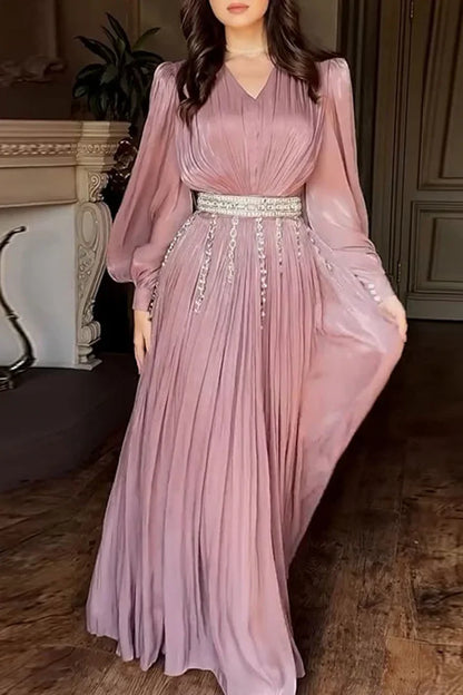 Rhinestone Chain Fringe Belt V Neck Long Sleeve Maxi Dresses-Pink