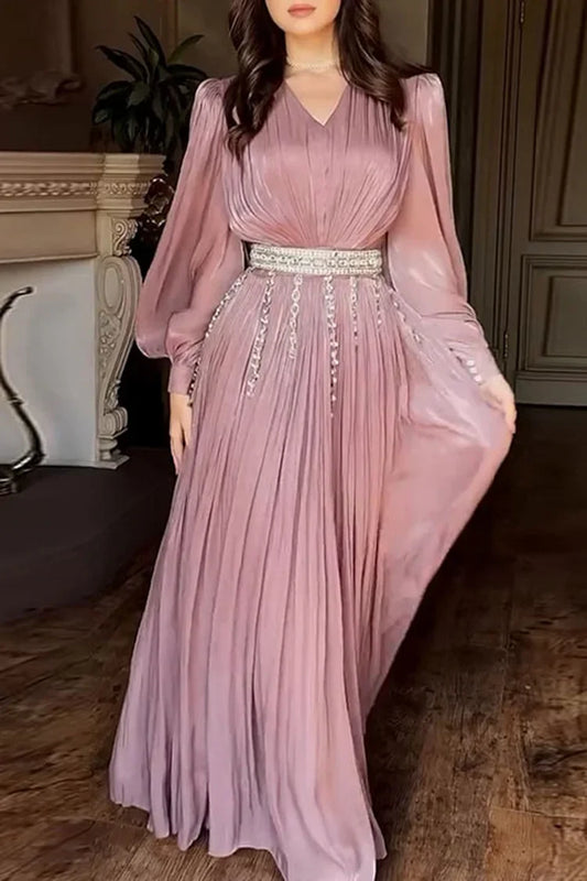 Rhinestone Chain Fringe Belt V Neck Long Sleeve Maxi Dresses-Pink