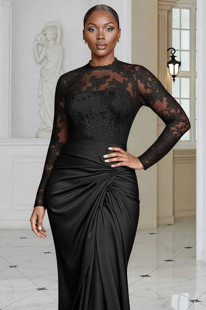Formal Lace Black Round Neck Long Sleeve Fold Satin Maxi Dress