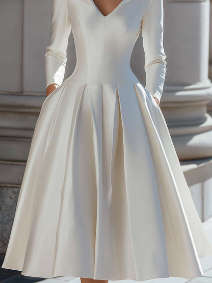 Elegant Satin V-Neck Pleated A-Line Midi Dress