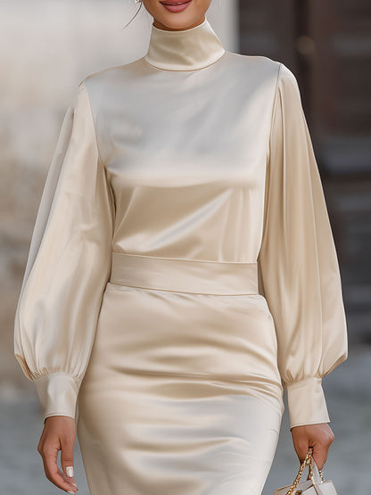 Presents The Luxurious Champagne Satin Turtleneck Midi Dress