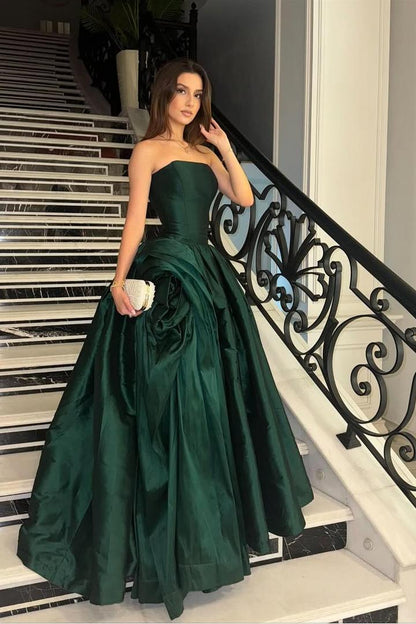 Dark Green Satin Strapless Sleeveless Long A-Line Prom Dress