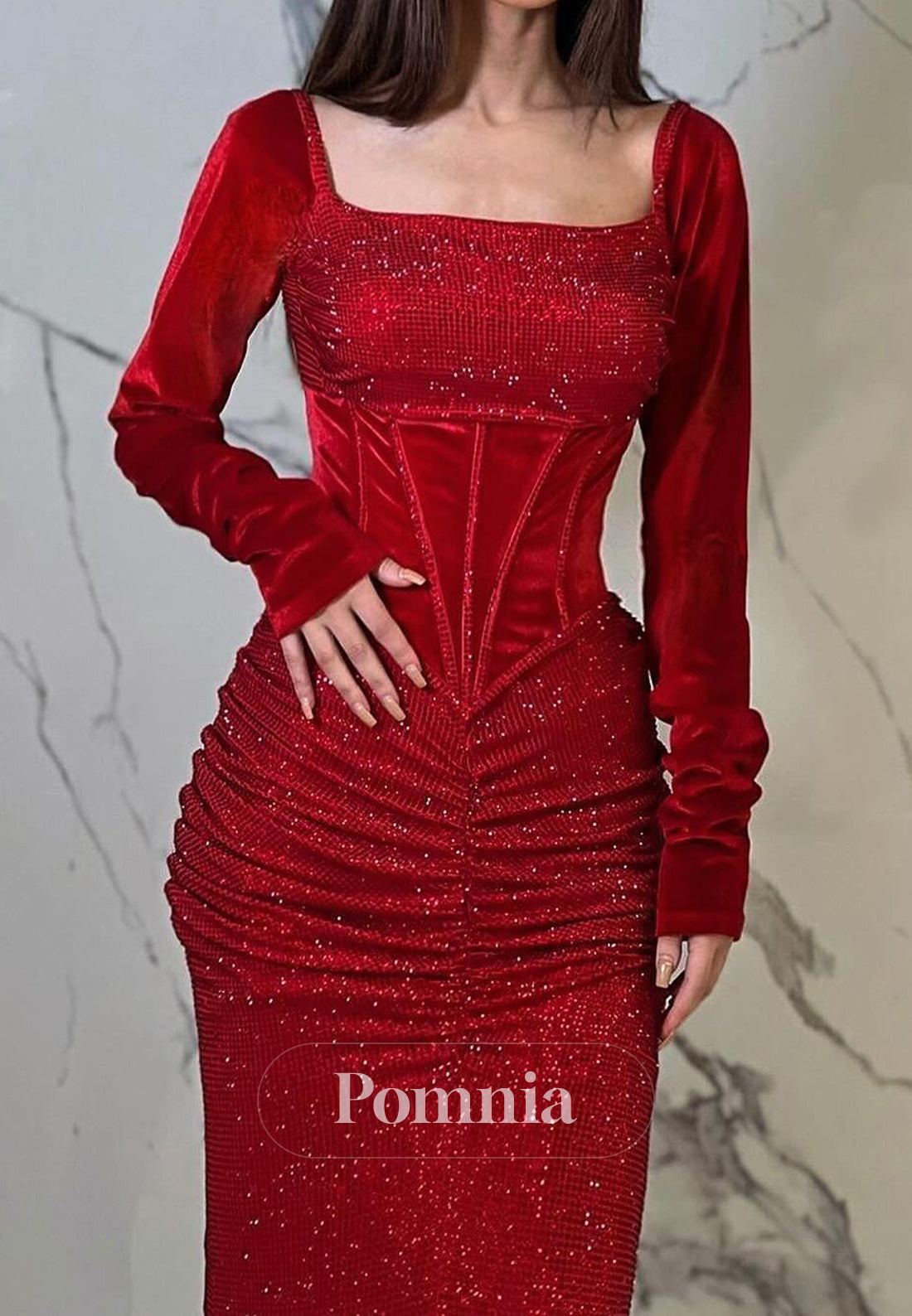 Red Long Sleeves Square Ruched Evening Dress