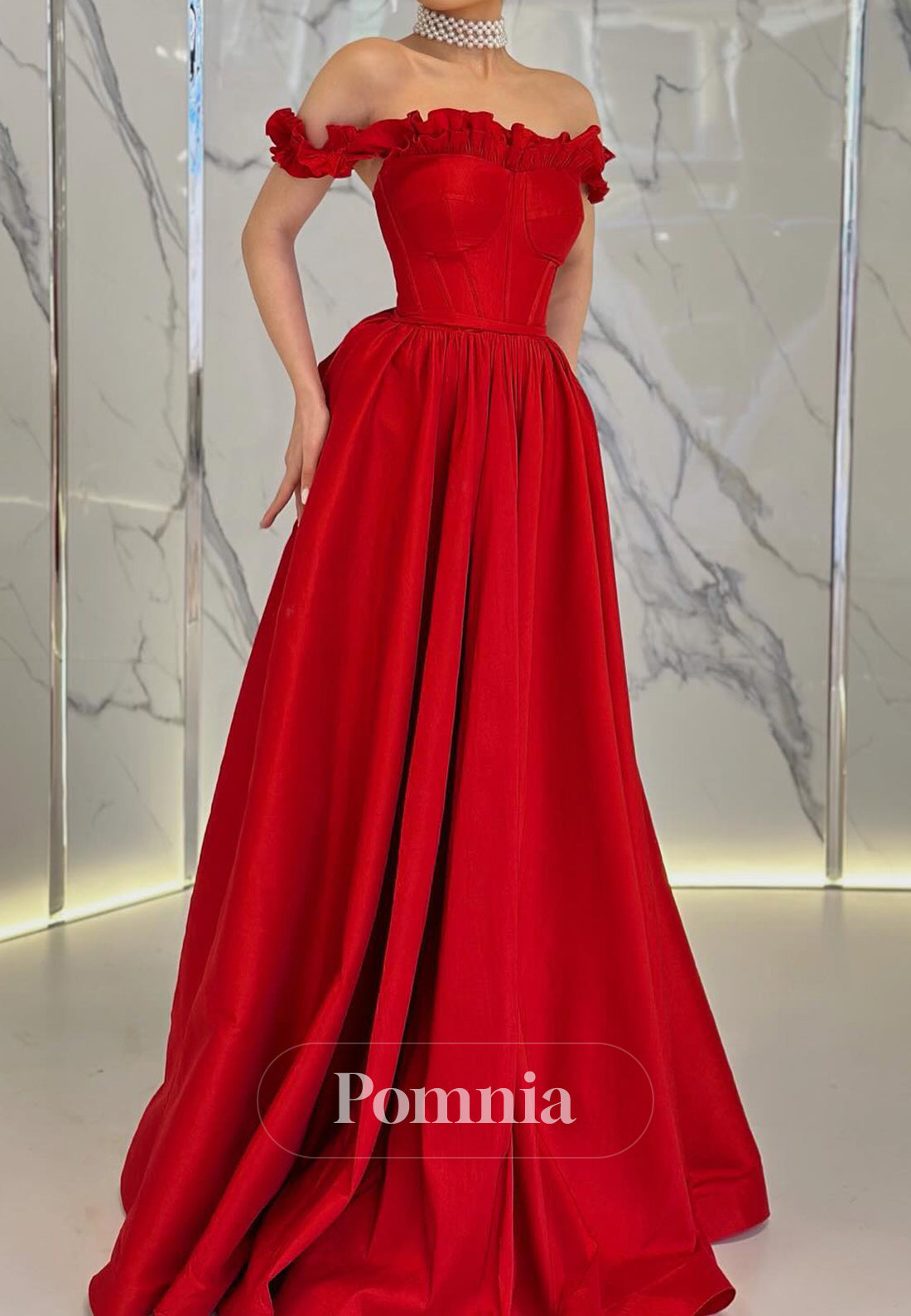 Red Off-Shoulder Empire-Waist Evening Dress