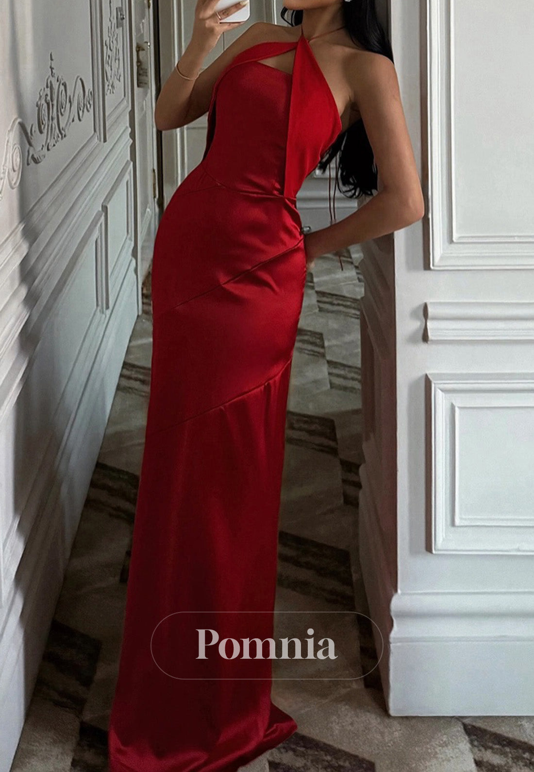 Red Halter Sleeveless Ruched Sheath Prom Dress