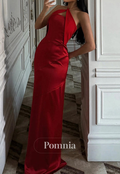 Red Halter Sleeveless Ruched Sheath Prom Dress