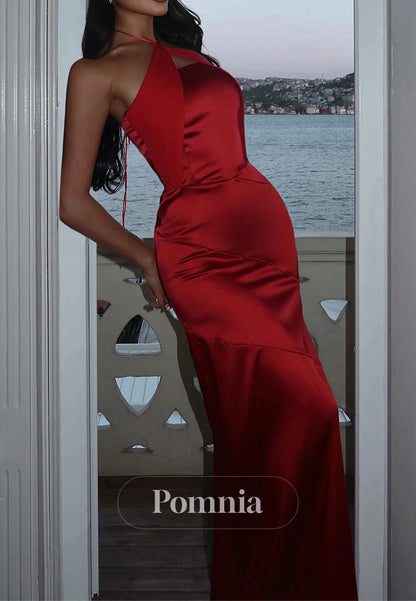 Red Halter Sleeveless Ruched Sheath Prom Dress