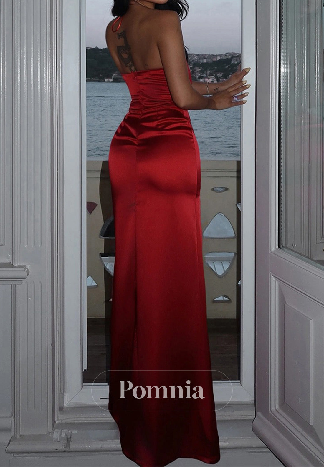 Red Halter Sleeveless Ruched Sheath Prom Dress