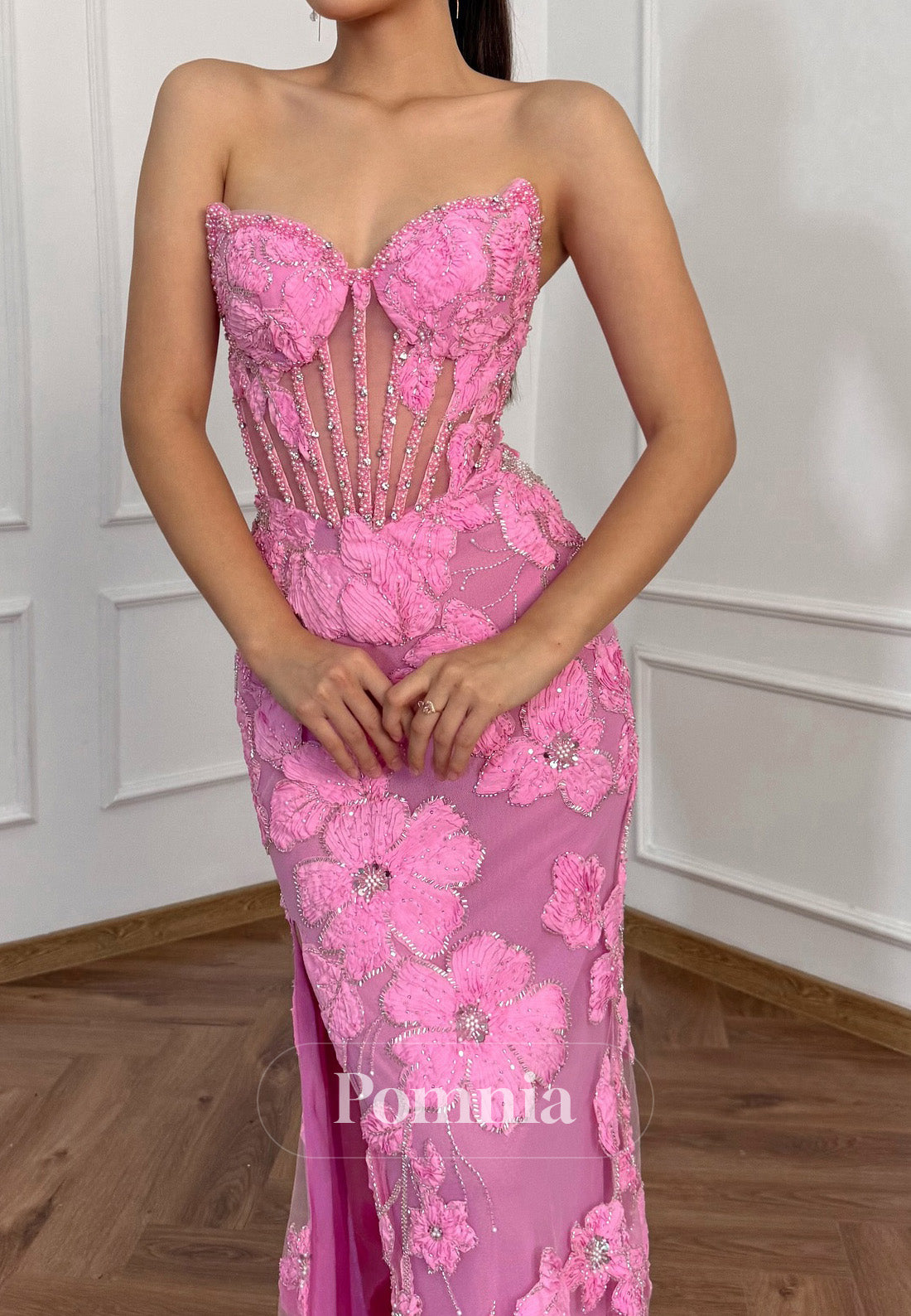 Blushing Pink Sleeveless Strapless Floral Appliques Prom Dress