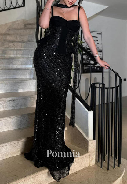 Black A-Line Spaghetti Straps Sqaure Sequins Prom Dress