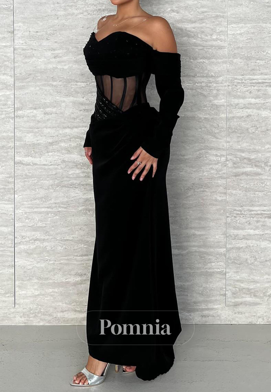 Black Long Sleeves Off-Shoulder Corset Tulle Evening Dress