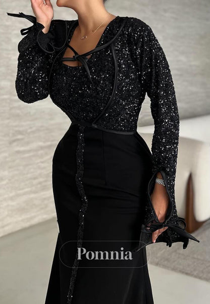 Black Long Sleeves V-Neck Sequins Corset Mermaid Evening Dress
