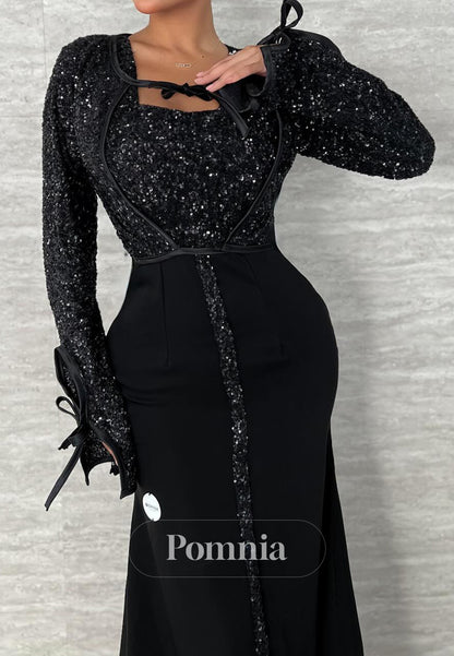 Black Long Sleeves V-Neck Sequins Corset Mermaid Evening Dress