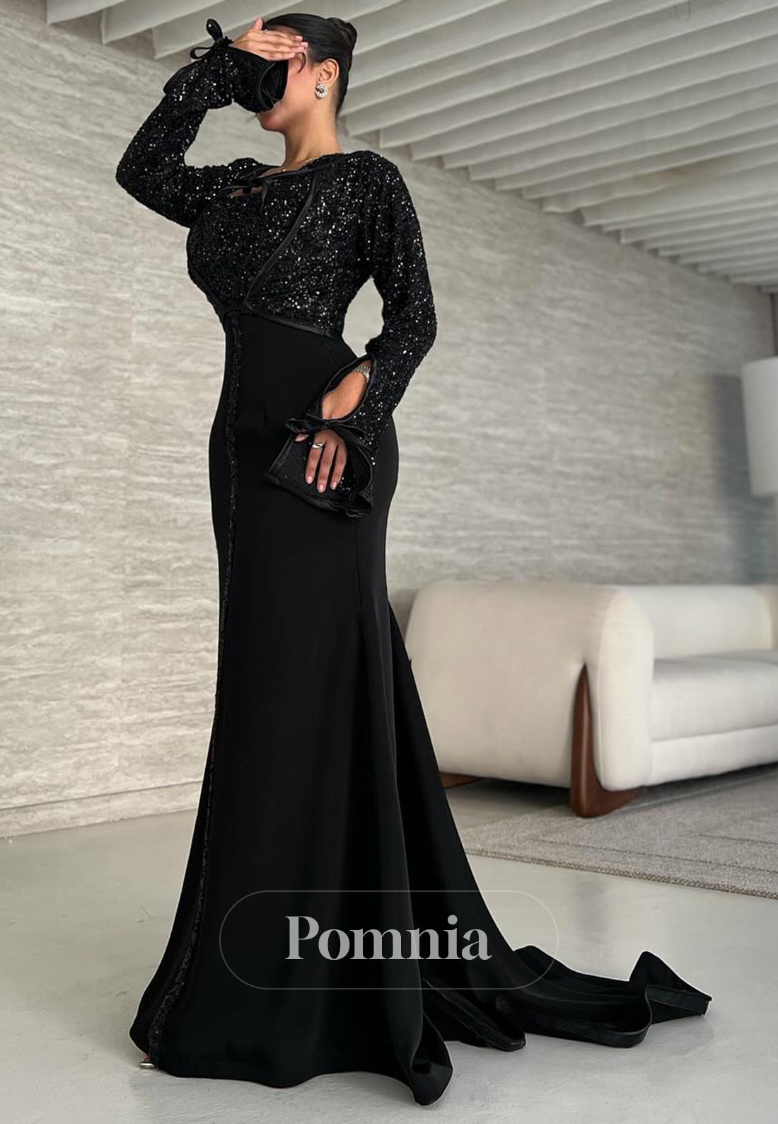 Black Long Sleeves V-Neck Sequins Corset Mermaid Evening Dress