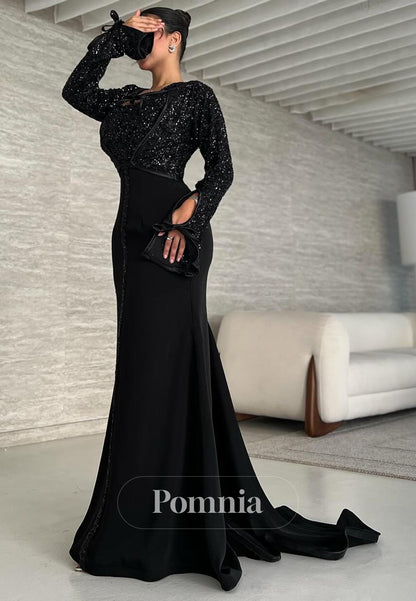 Black Long Sleeves V-Neck Sequins Corset Mermaid Evening Dress