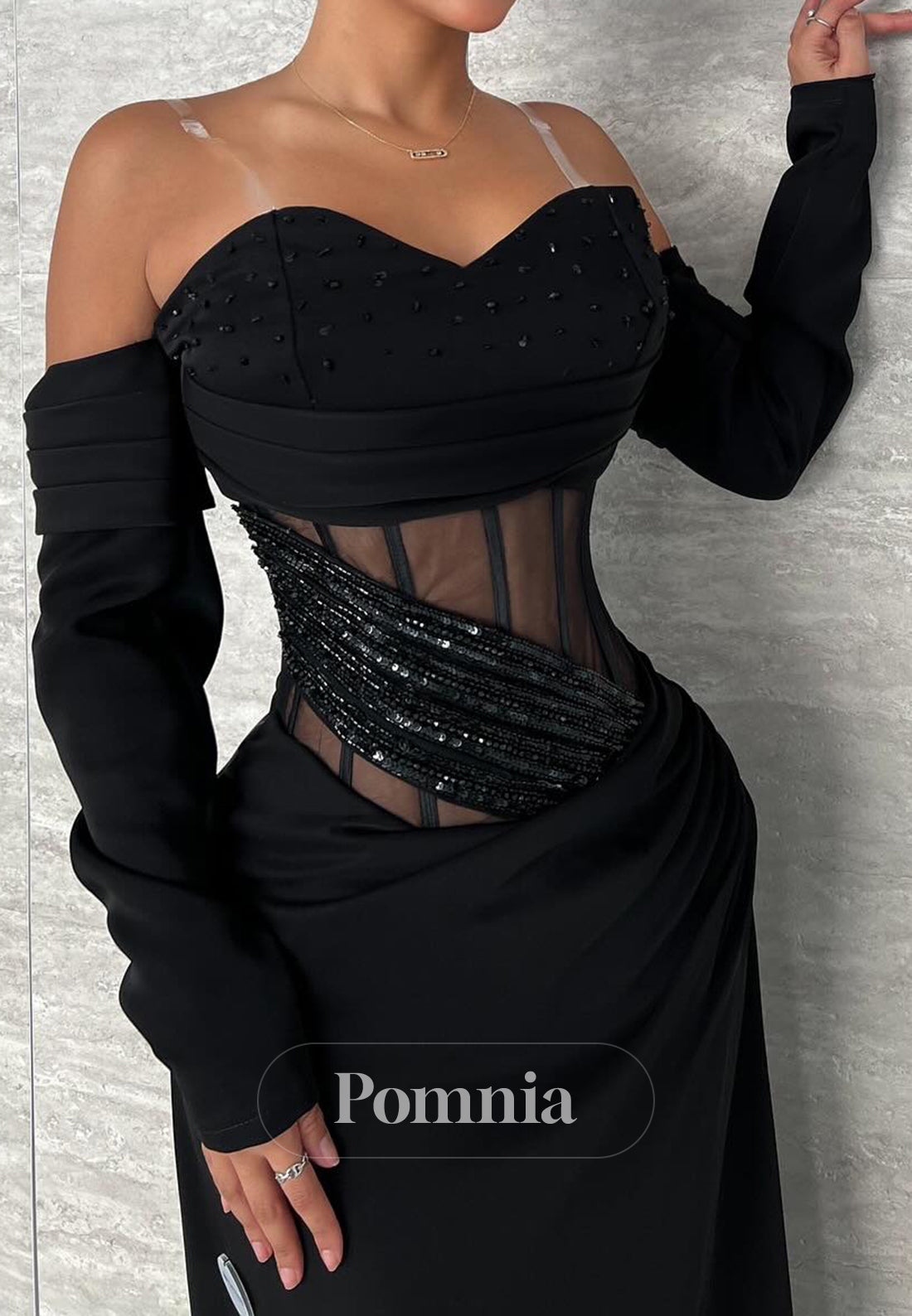 Black Long Sleeves Off-Shoulder Corset Tulle Evening Dress