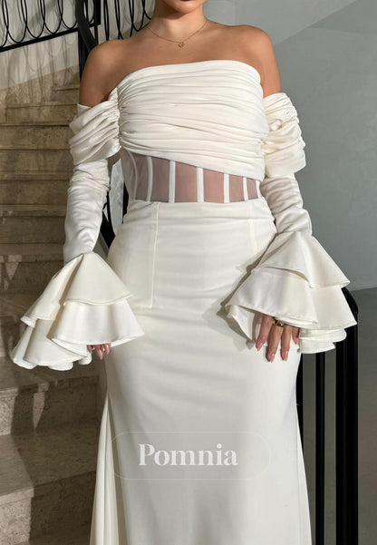White Long Sleeves Off-Shoulder Corset Tulle Prom Dress