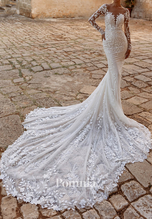 Glamorous Long Sleeves Scoop Backless Floral Appliques Lace Wedding Dress