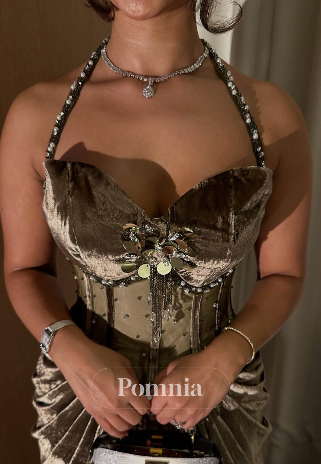 A-Line Halter Sleeveless Ruched Velvet Evening Dress