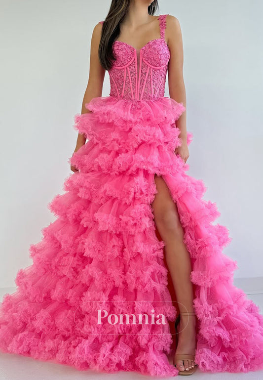 Flamingo A-Line Sweetheart Prom Dress with Slit Ruffles Evening Party Dress